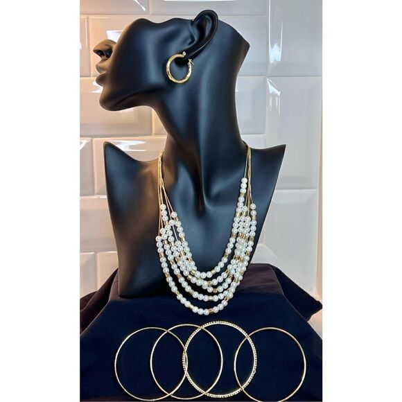 Pearl‎ Necklace, Gold Bracelets, Gold Hoop Earrings Costume Jewelry Buy 3/$18 - Picture 1 of 7